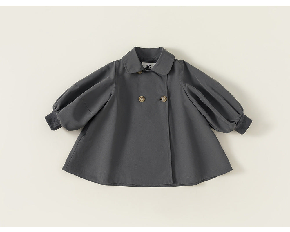 Girls’ Spring & Autumn Coat – Fashionable Korean-Style Lantern Sleeve Mid-Length