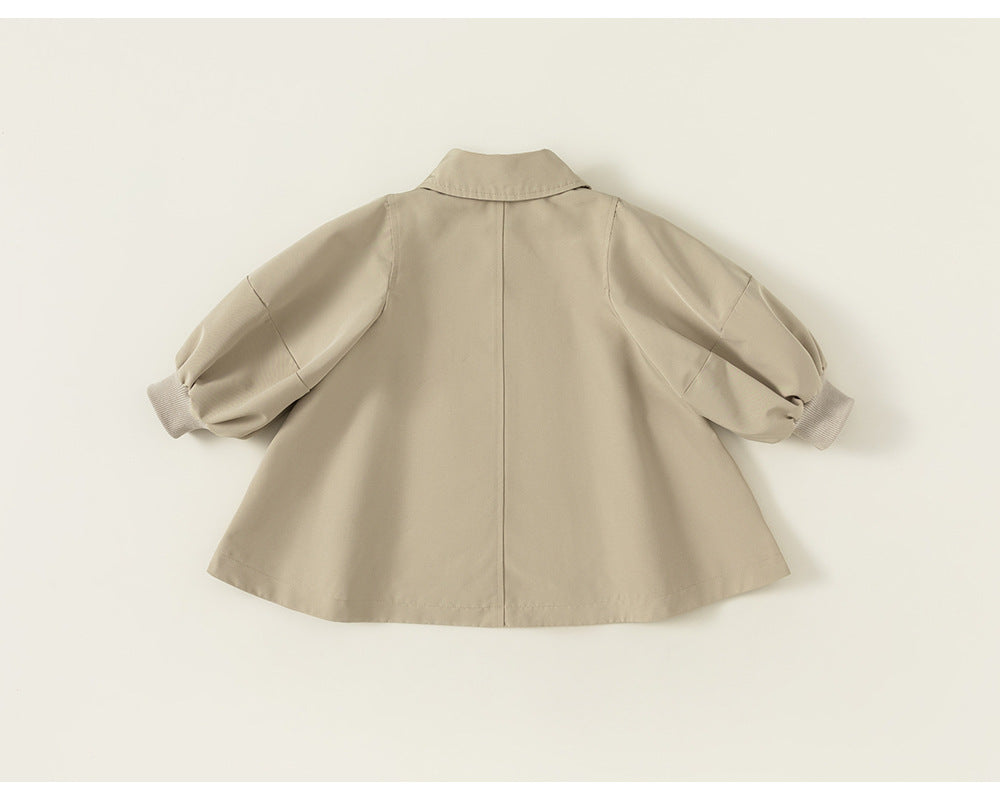 Girls’ Spring & Autumn Coat – Fashionable Korean-Style Lantern Sleeve Mid-Length