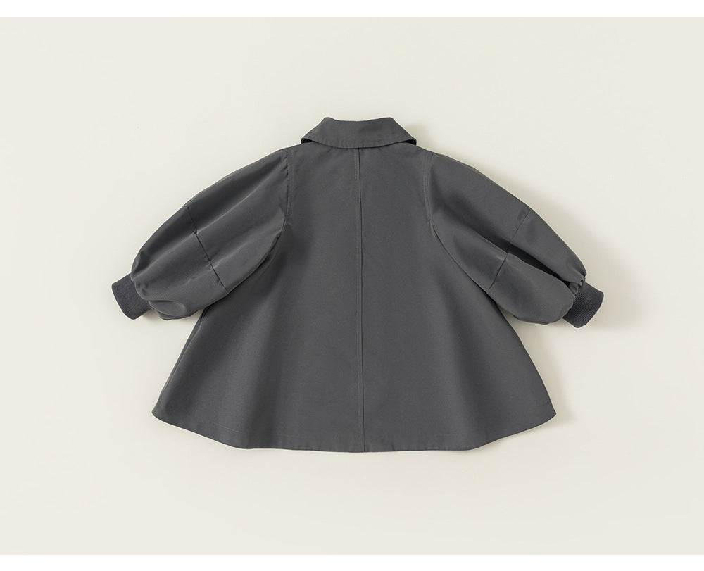 Girls’ Spring & Autumn Coat – Fashionable Korean-Style Lantern Sleeve Mid-Length